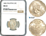 AL053, Philippines, Spanish Administration, Alfonso XII, 20 Centimos 1885, Manila Mint, Silver, NGC MS63