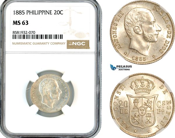 AL053, Philippines, Spanish Administration, Alfonso XII, 20 Centimos 1885, Manila Mint, Silver, NGC MS63