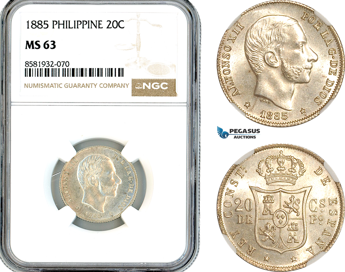 AL053, Philippines, Spanish Administration, Alfonso XII, 20 Centimos 1885, Manila Mint, Silver, NGC MS63