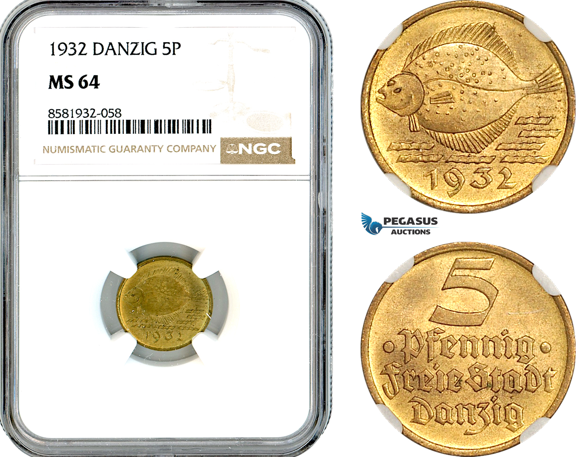 AL054, Poland, Danzig, 5 Pfennig 1932, Berlin Mint, NGC MS64