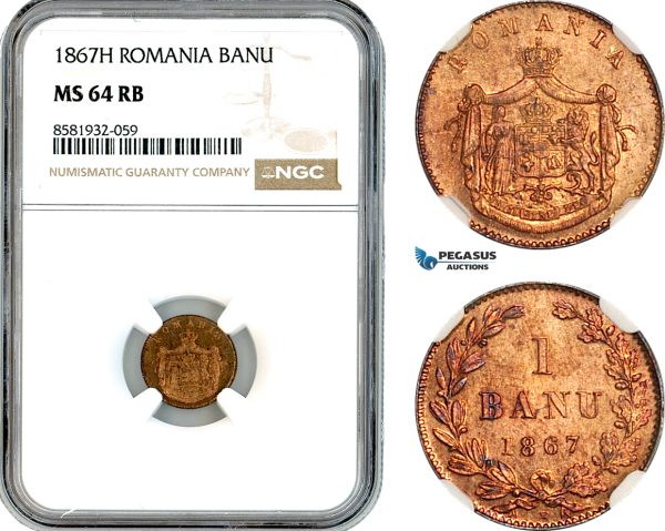 AL055, Romania, Carol I, 1 Banu 1867 H, Heaton Mint, NGC MS64RB