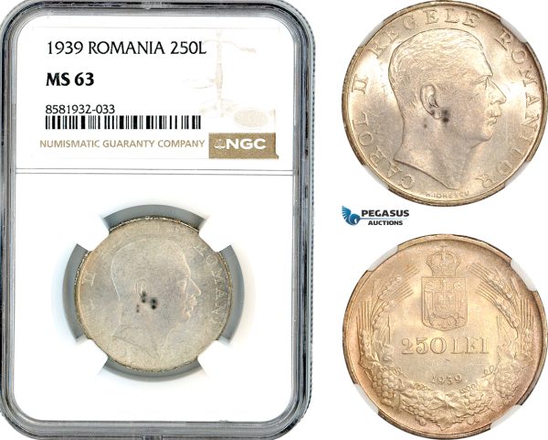AL056, Romania, Carol II, 250 Lei 1939, Bucharest Mint, Silver, NGC MS63