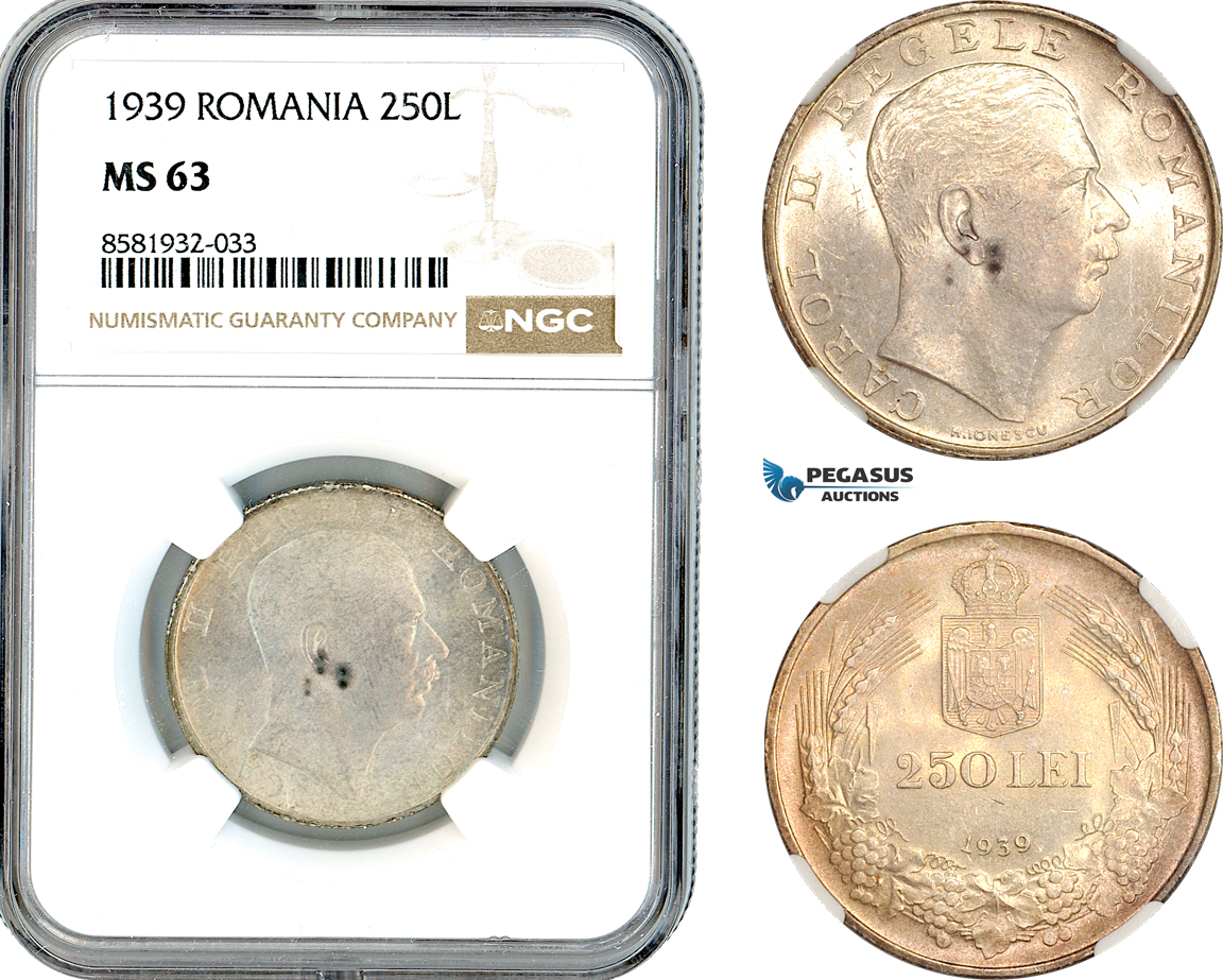 AL056, Romania, Carol II, 250 Lei 1939, Bucharest Mint, Silver, NGC MS63