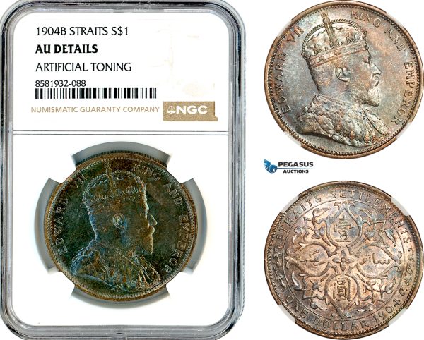 AL064, Straits Settlements, Edward VII, 1 Dollar 1904 B, Bombay Mint, Silver, NGC AU Details