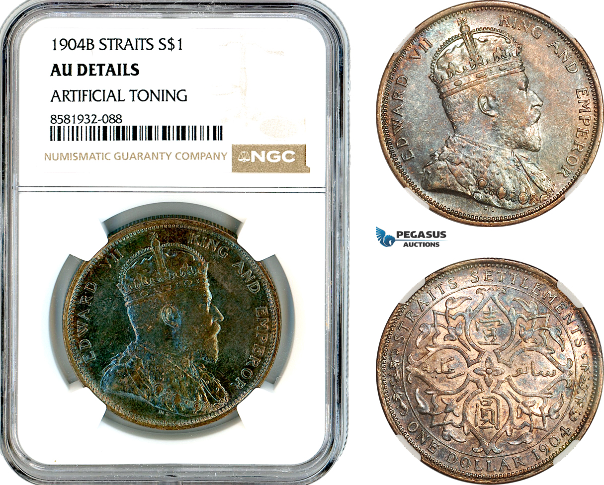 AL064, Straits Settlements, Edward VII, 1 Dollar 1904 B, Bombay Mint, Silver, NGC AU Details