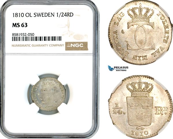AL065, Sweden, Carl XIII, 1/24 Riksdaler 1810 OL, Stockholm Mint, Silver, NGC MS63