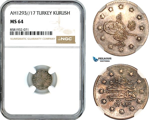 AL066, Turkey, Ottoman Empire, Abdülhamid II, 1 Kurush AH1293//17, Silver, NGC MS64