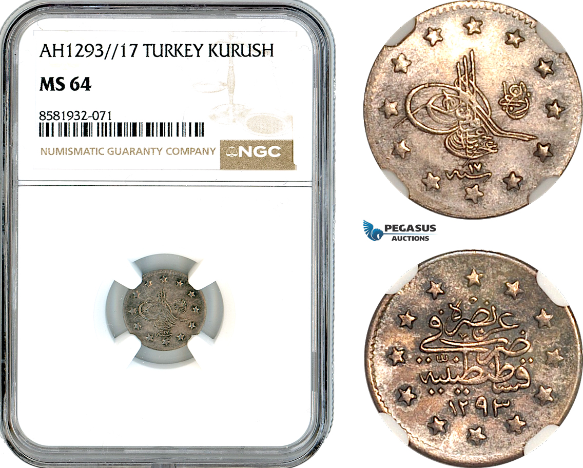 AL066, Turkey, Ottoman Empire, Abdülhamid II, 1 Kurush AH1293//17, Silver, NGC MS64