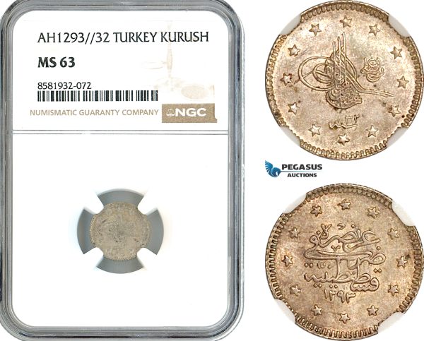 AL067, Turkey, Ottoman Empire, Abdülhamid II, 1 Kurush AH1293//32, Silver, NGC MS63