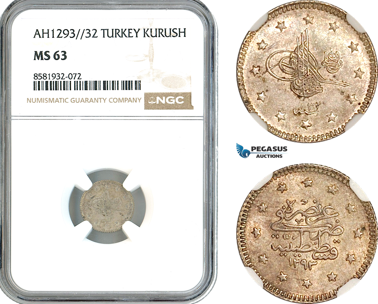 AL067, Turkey, Ottoman Empire, Abdülhamid II, 1 Kurush AH1293//32, Silver, NGC MS63