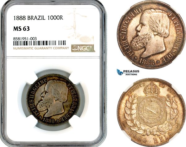AL069, Brazil, Pedro II, 1000 Reis 1888, Rio de Janeiro Mint, Silver, NGC MS63