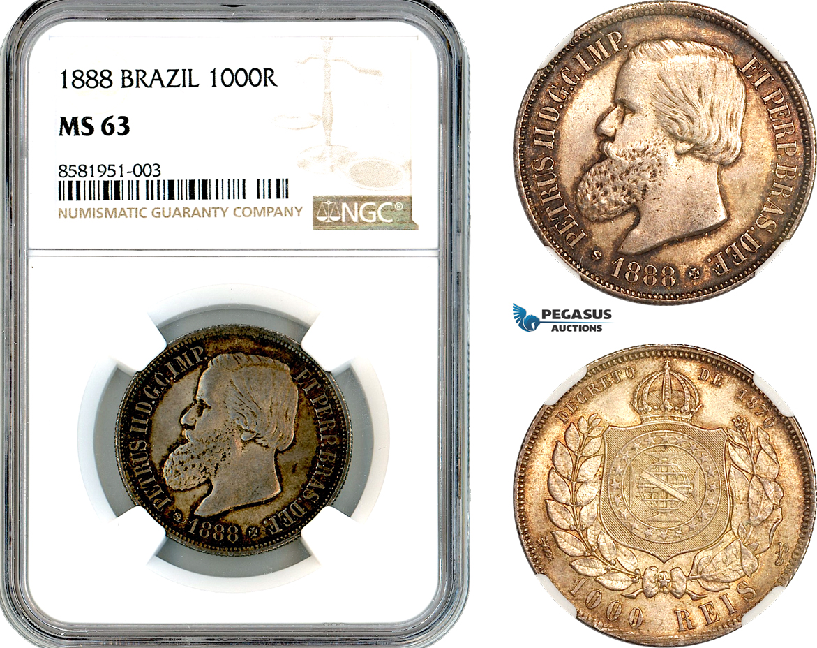 AL069, Brazil, Pedro II, 1000 Reis 1888, Rio de Janeiro Mint, Silver, NGC MS63