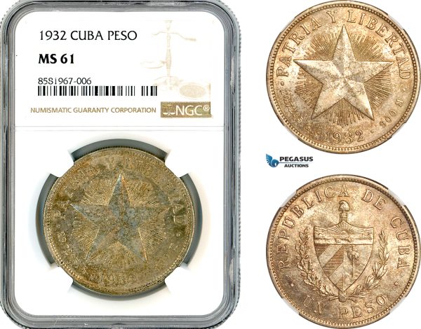 AL074, Cuba, "Star Type" Peso 1932, Philadelphia Mint, Silver, NGC MS61