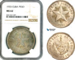AL075, Cuba, "Star Type" Peso 1933, Philadelphia Mint, Silver, NGC MS62