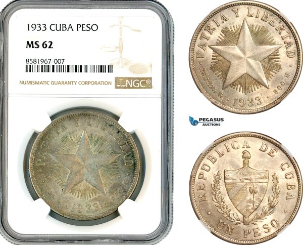 AL075, Cuba, "Star Type" Peso 1933, Philadelphia Mint, Silver, NGC MS62