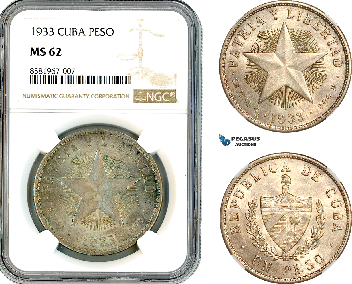 AL075, Cuba, "Star Type" Peso 1933, Philadelphia Mint, Silver, NGC MS62