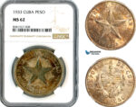 AL076, Cuba, "Star Type" Peso 1933, Philadelphia Mint, Silver, NGC MS62