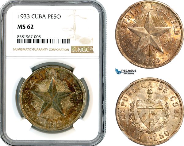 AL076, Cuba, "Star Type" Peso 1933, Philadelphia Mint, Silver, NGC MS62