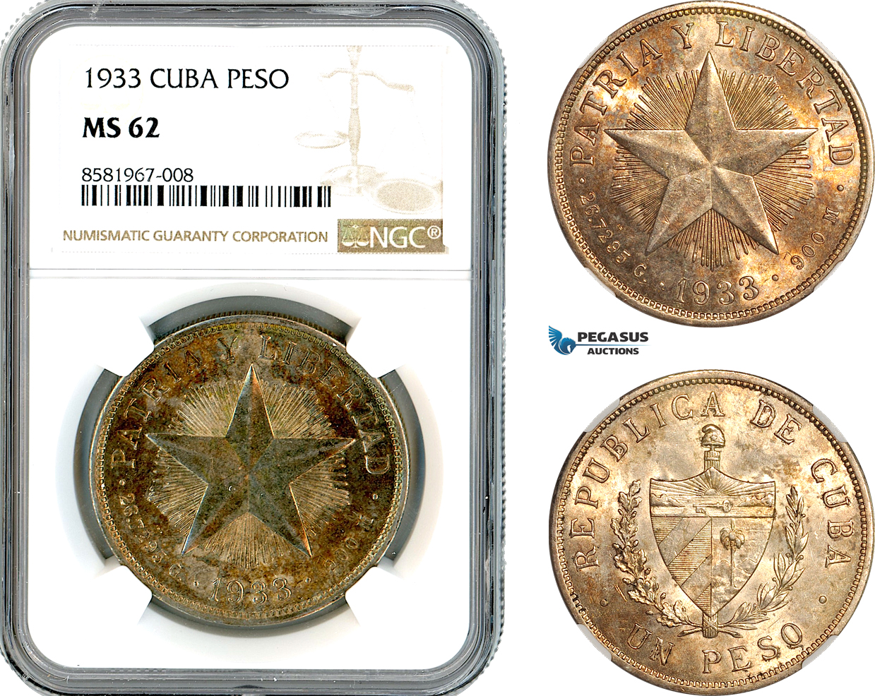 AL076, Cuba, "Star Type" Peso 1933, Philadelphia Mint, Silver, NGC MS62