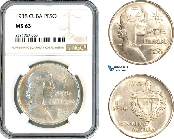 AL077, Cuba, "ABC" Peso 1938, Philadelphia Mint, Silver, NGC MS63