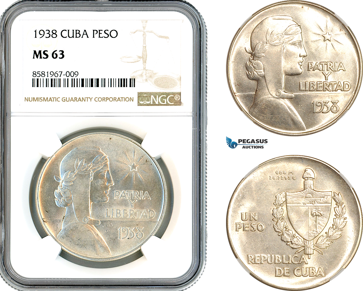 AL077, Cuba, "ABC" Peso 1938, Philadelphia Mint, Silver, NGC MS63