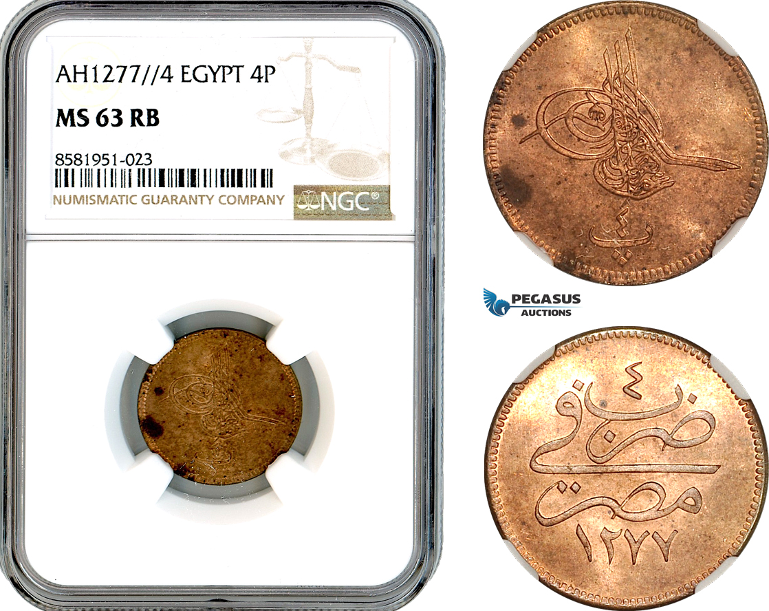 AL078, Egypt, Ottoman Empire, Abdulaziz, 4 Para AH1277//4, Misr Mint, NGC MS63RB