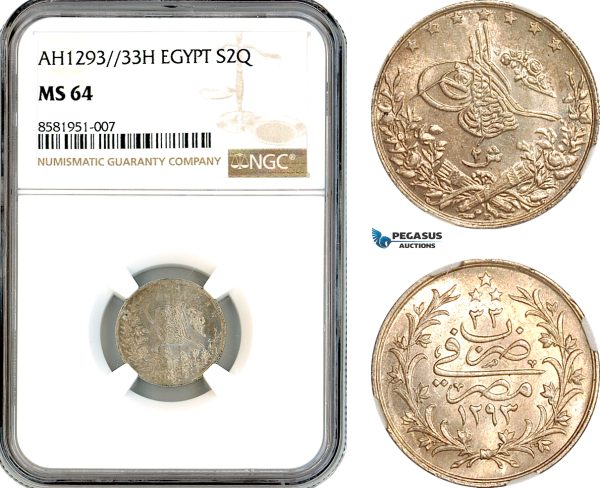 AL079, Egypt, Ottoman Empire, Abdul Hamid II, 2 Qirsh AH1293//33 H, Heaton Mint, Silver, NGC MS64