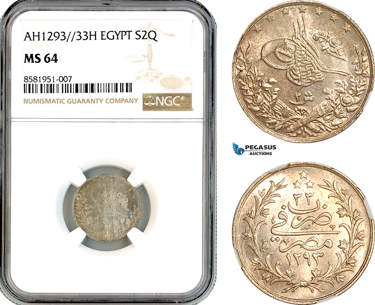 AL079, Egypt, Ottoman Empire, Abdul Hamid II, 2 Qirsh AH1293//33 H, Heaton Mint, Silver, NGC MS64