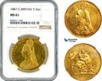 AL088, Great Britain, Victoria, 5 Pounds (5 Sov.) 1887 (Jubilee Head) London Mint, Gold, NGC MS61