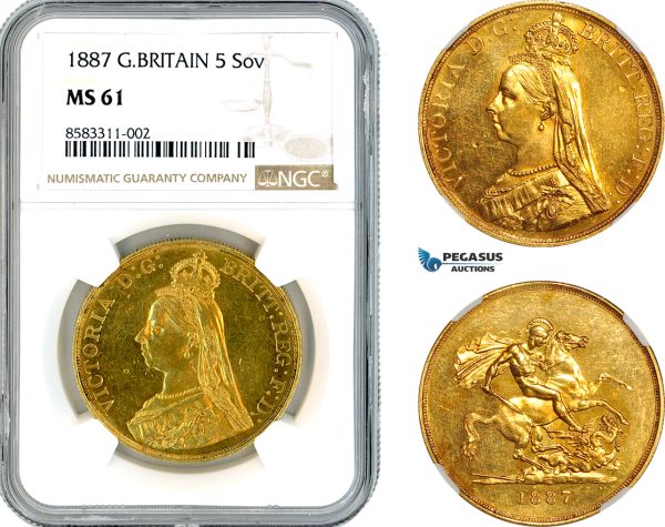 AL088, Great Britain, Victoria, 5 Pounds (5 Sov.) 1887 (Jubilee Head) London Mint, Gold, NGC MS61