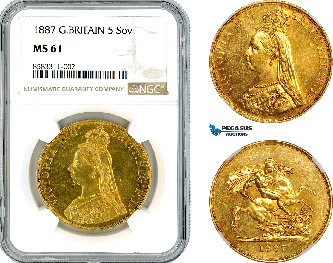 AL088, Great Britain, Victoria, 5 Pounds (5 Sov.) 1887 (Jubilee Head) London Mint, Gold, NGC MS61