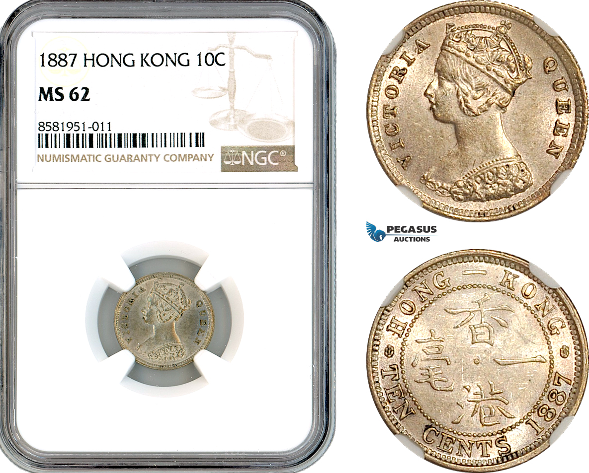 AL089, Hong Kong, Victoria, 10 Cents 1887, London Mint, Silver, NGC MS62