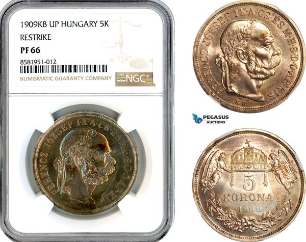 AL090, Hungary, Franz Joseph, Restrike 5 Korona 1909 KB UP, Budapest Mint, Silver, NGC PF66