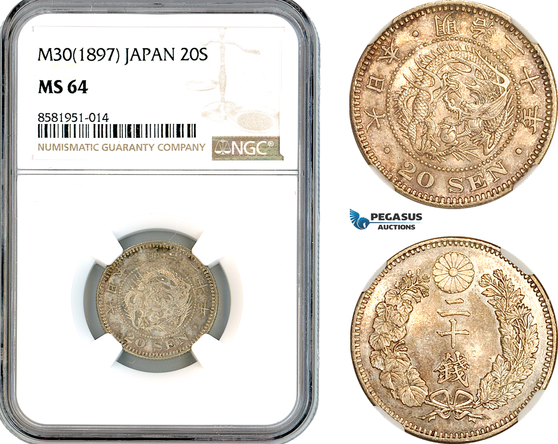 AL091, Japan, Meiji, 20 Sen M30 (1897), Silver, NGC MS64
