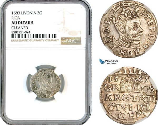 AL092, Latvia, Stefan Bathory of Poland, 3 Groschen 1583, Riga Mint, Silver, NGC AU Details