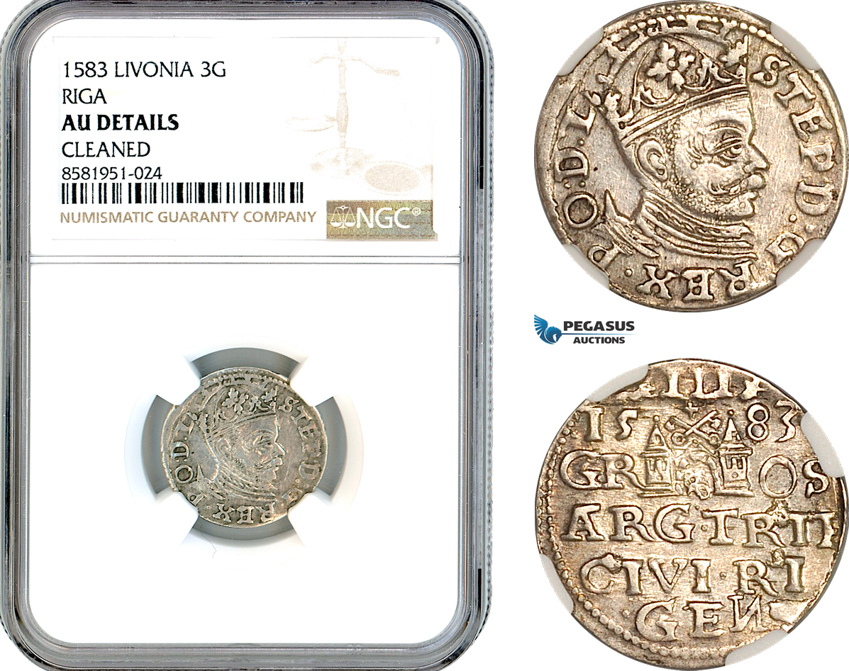 AL092, Latvia, Stefan Bathory of Poland, 3 Groschen 1583, Riga Mint, Silver, NGC AU Details