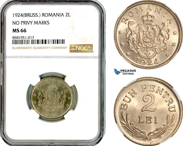 AL094, Romania, Ferdinand, 2 Lei 1924, Brussels Mint, NGC MS66