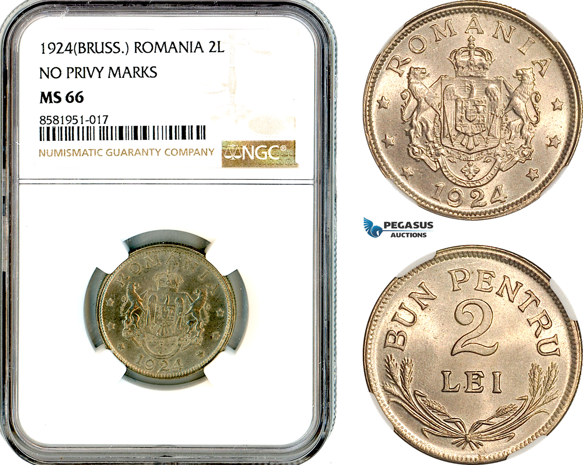 AL094, Romania, Ferdinand, 2 Lei 1924, Brussels Mint, NGC MS66