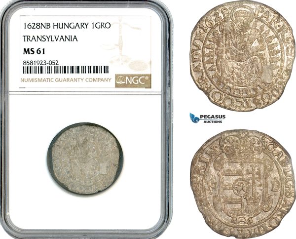 AL106, Transylvania, Gabriel Bethlen, 1 Groschen 1628 NB, Nagybanya Mint, Silver, NGC MS61