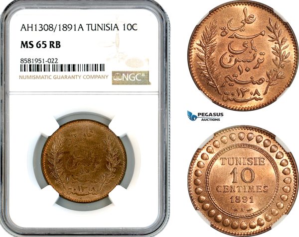 AL107, Tunisia, French Protectorate, 10 Centimes AH1308 // 1891- A, Paris Mint, NGC MS65RB