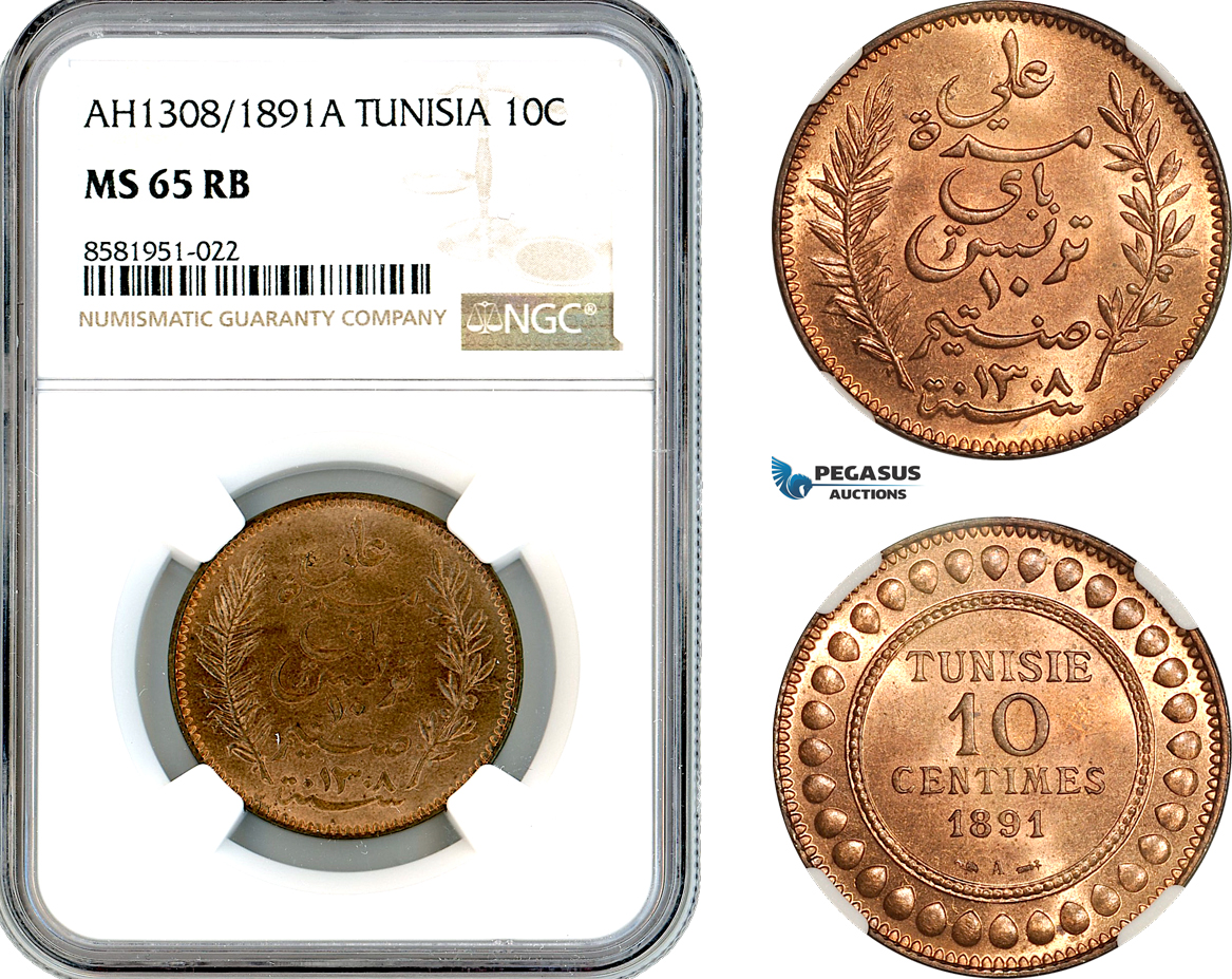 AL107, Tunisia, French Protectorate, 10 Centimes AH1308 // 1891- A, Paris Mint, NGC MS65RB