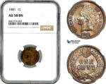 AL108, United States, Indian Head Cent 1881, Philadelphia Mint, NGC AU58BN