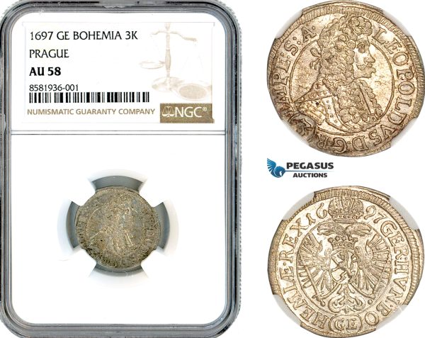 AL114, Austria (Bohemia) Leopold I, 3 Kreuzer 1697 GE, Prague Mint, Silver, NGC AU58
