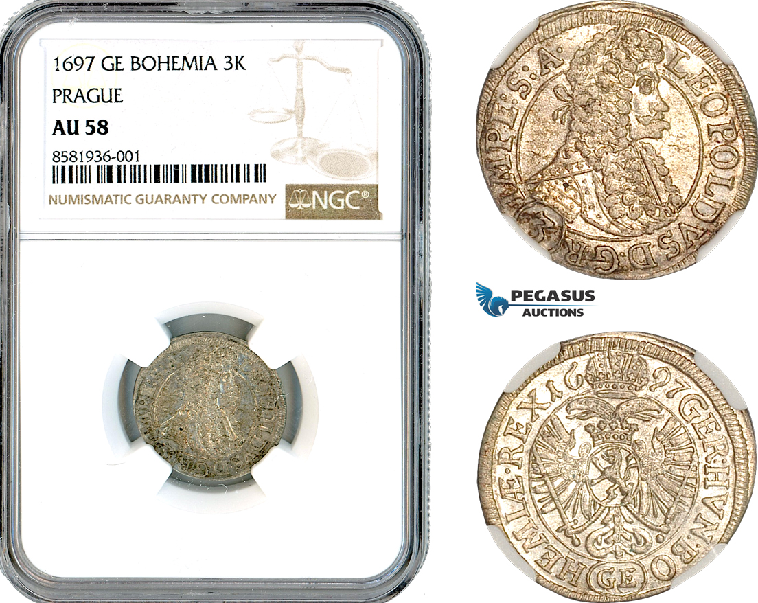 AL114, Austria (Bohemia) Leopold I, 3 Kreuzer 1697 GE, Prague Mint, Silver, NGC AU58