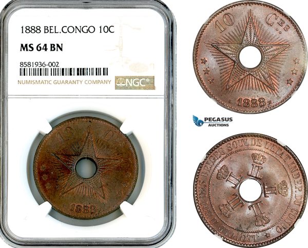 AL117, Belgian Congo, Leopold II, 10 Centimes 1888, NGC MS64BN
