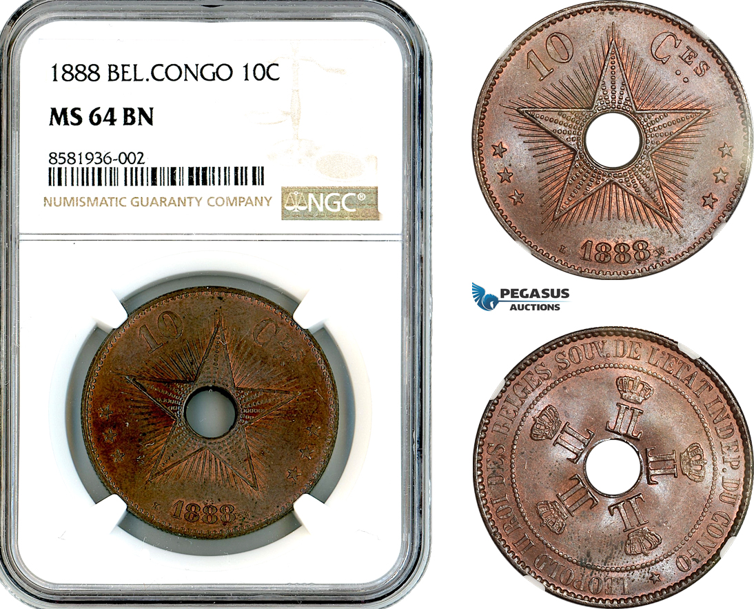 AL117, Belgian Congo, Leopold II, 10 Centimes 1888, NGC MS64BN