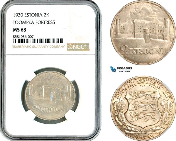 AL119, Estonia, 2 Krooni 1930 "Toompea Fortress" Silver, NGC MS63