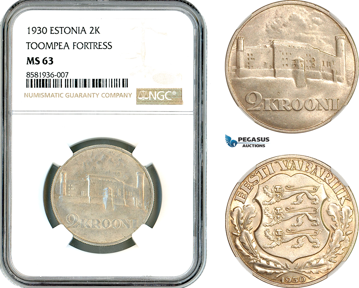 AL119, Estonia, 2 Krooni 1930 "Toompea Fortress" Silver, NGC MS63