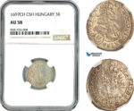 AL120, Hungary, Leopold I, 3 Krajczar 1697 CH CSH, Pressburg Mint, Silver, NGC AU58