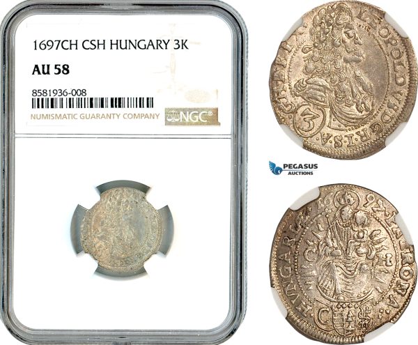 AL120, Hungary, Leopold I, 3 Krajczar 1697 CH CSH, Pressburg Mint, Silver, NGC AU58